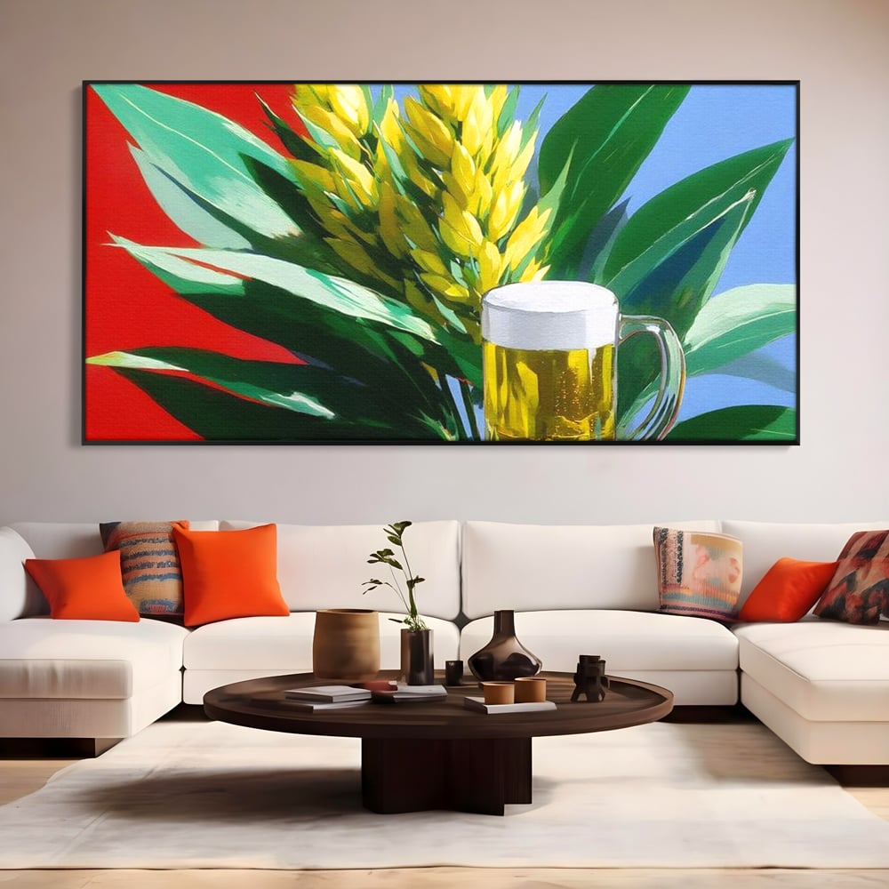 Tablou canvas cu tablou canvas cu halba de bere si frunze tropicale, in rama de aluminiu negru, pe perete intr-un living